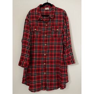 Plaid Flannel Shirt Dress Women XL Red Button Front Long Sleeve Fall Grunge Midi